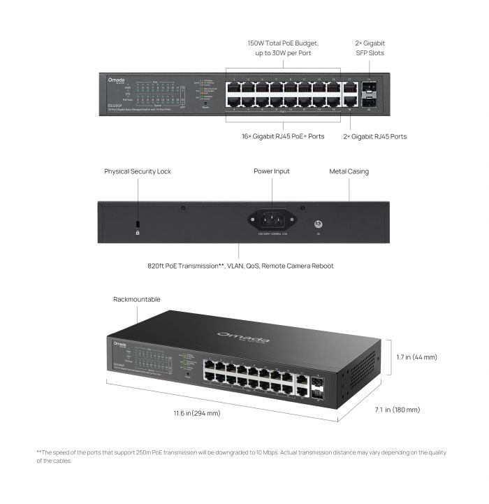Комутатор TP-LINK ES220GP  18xGE (16xPoE), 250W, 2xSFP, WebSmart