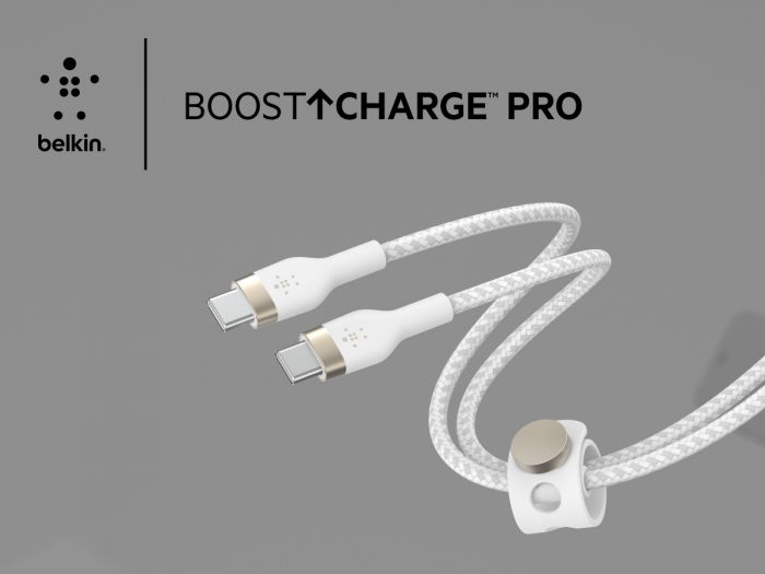 Кабель Belkin USB-C > USB-C заряджання/синхронізації 60Вт PD, 1м, плетений, силіконовий, з ремінцем на магніті, білий