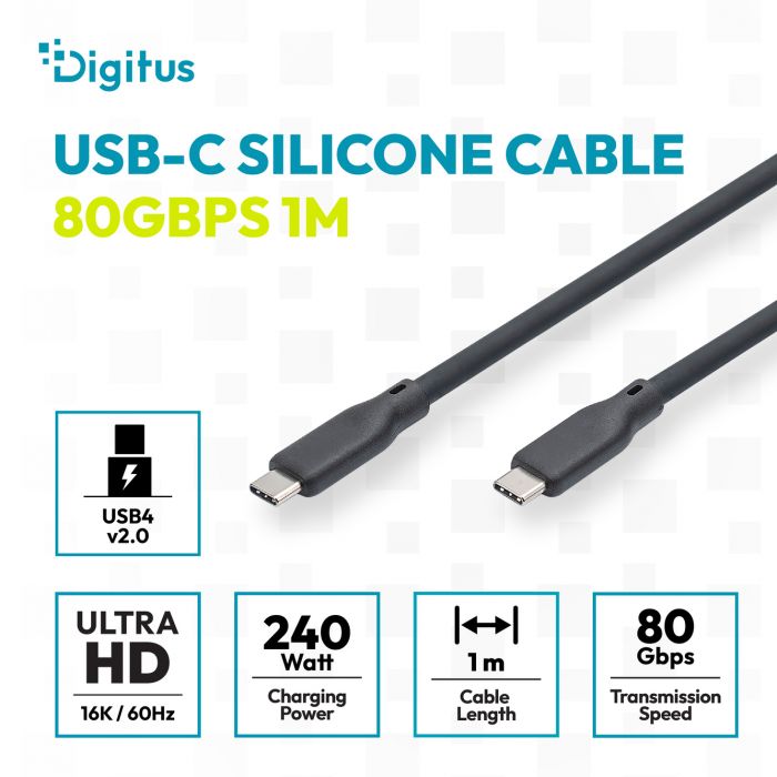 Кабель DIGITUS USB-C > USB-C заряджання/синхронізації, USB4 2.0, 80G, 240W, 16K, силіконовий, 1м, чорний