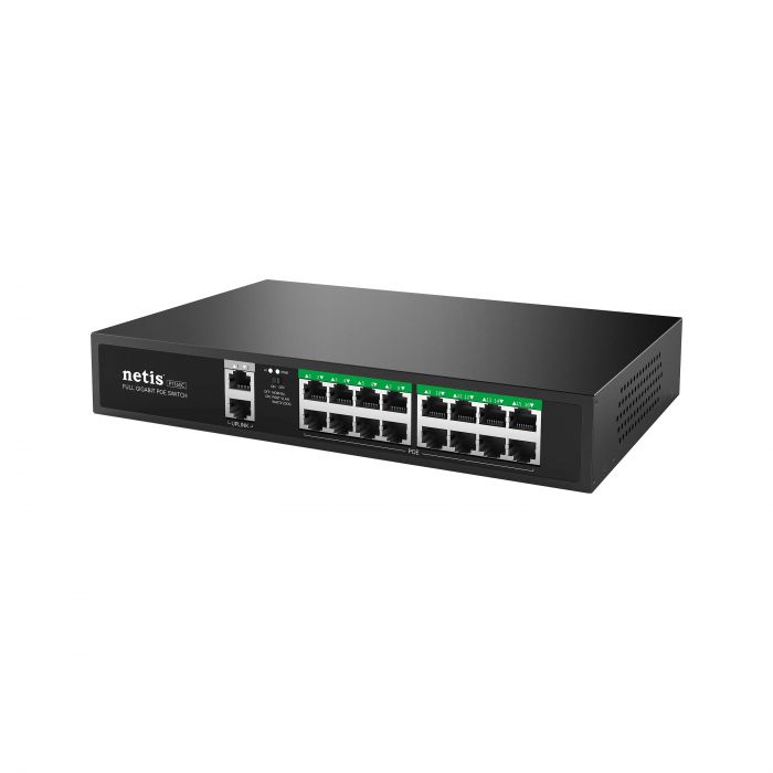 Комутатор Netis P116GC 18xGE (16xPoE, 2xUplink), 240Вт, Некерований