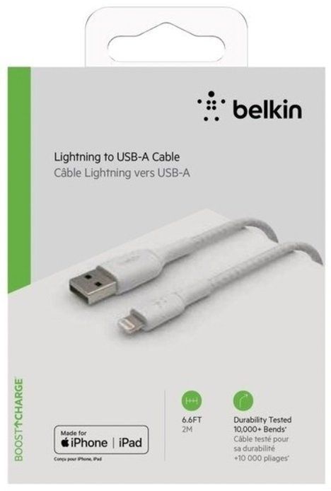 Кабель Belkin USB-A > Lightning заряджання/синхронізації 12Вт, 2м, плетений, білий