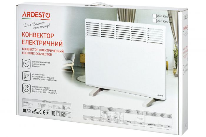 Конвектор ARDESTO CH-1500MCW 15м2, 1500Вт, мех. упр-ння, закр. нагрів. елемент, IP24, білий