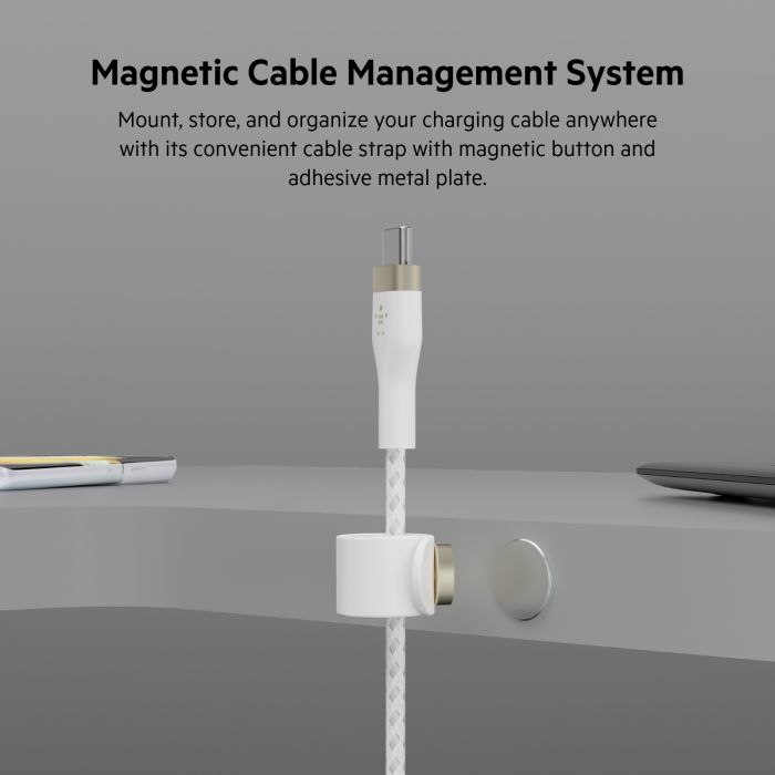 Кабель Belkin USB-C > USB-C заряджання/синхронізації 60Вт PD, 1м, плетений, силіконовий, з ремінцем на магніті, білий