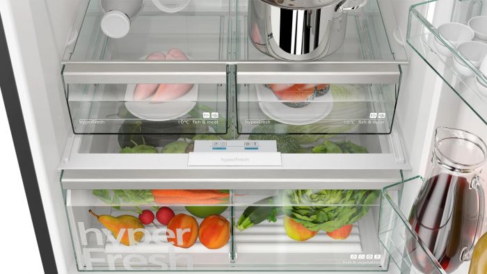 Холодильник Siemens з нижн. мороз., 186x75x80, xолод.відд.-406л, мороз.відд.-120л, 2дв., E, NF, чорна нержавіюча сталь