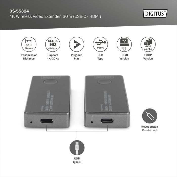 Бездротовий подовжувач DIGITUS USB-C > HDMI, 4K UHD, 30 м