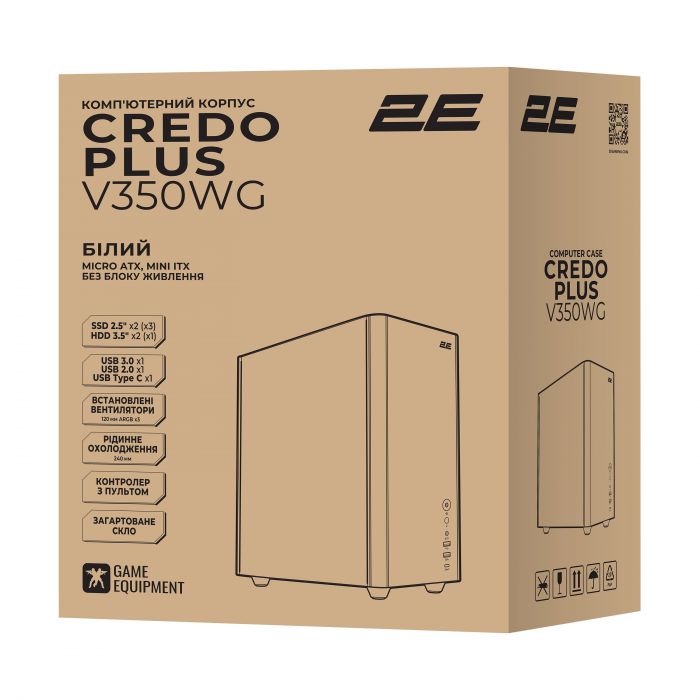Корпус 2E Credo Plus V350WG без БЖ, 1xUSB3.0, 1х USB 2.0, 1xUSB Type-C, 3x120мм ARGB, VGA 350мм, LCS ready, TG Side Panel, mATX, білий