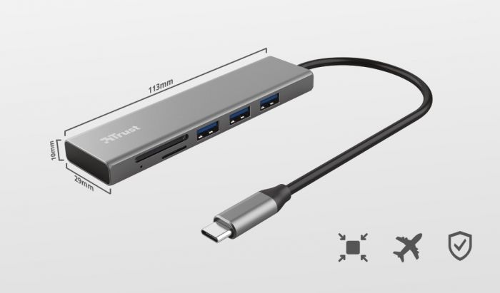 Хаб Trust Halyx USB-С > 3xUSB-А 3.2/SD/microSD, Алюміній, 0.15м, Сірий