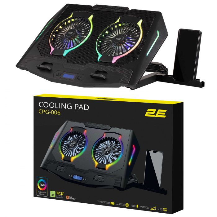 Підставка для ноутбука 2E GAMING CPG-006, до 17.3", 2xUSB-A, LCD/phone holder, RGB, чорний