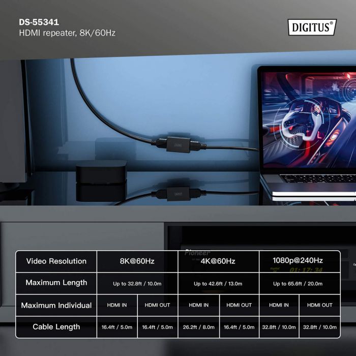 Повторювач DIGITUS HDMI, 8K/60 Гц (10 м 8K/60 Гц), (13 м 4K/60 Гц)