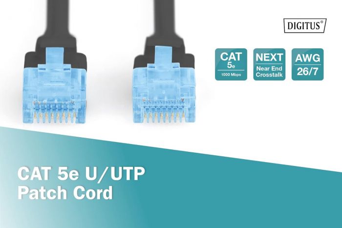 Патч-корд DIGITUS CAT 5e UTP, 0.5м, AWG 26/7, CCA, PVC, чорний