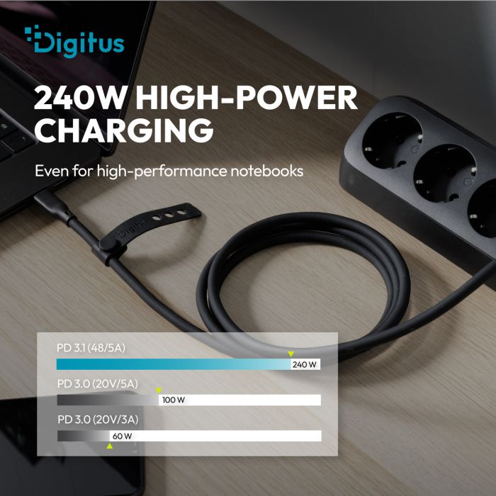 Кабель DIGITUS USB-C > USB-C заряджання/синхронізації, USB4 2.0, 80G, 240W, 16K, силіконовий, 0.5м, чорний