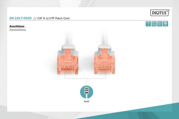 Патч-корд DIGITUS CAT 6 UTP, 0.25м, AWG 26/7, Cu, LSZH, сірий