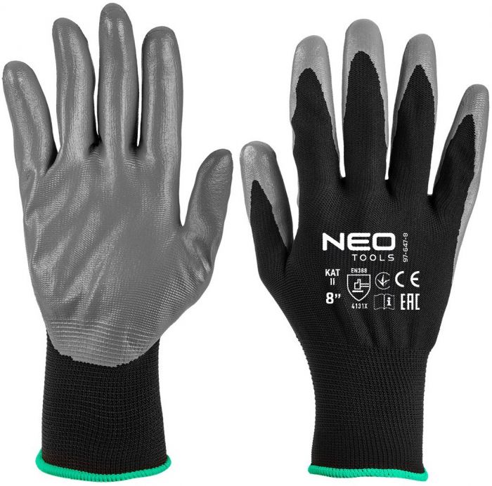 Рукавички робочі Neo Tools поліестер з нітриловим покриттям, р.8, сіро-чорний