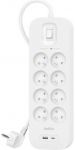 Подовжувач мережевий Belkin 2м, 8хТипE, 16А, USB-A/USB-C 18Вт, фільтр, білий