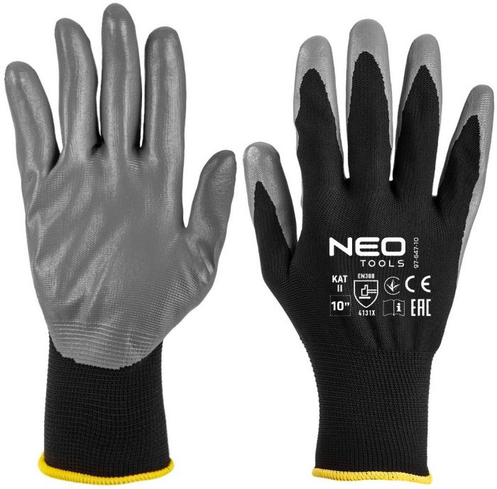 Рукавички робочі Neo Tools поліестер з нітриловим покриттям, р.10, сіро-чорний