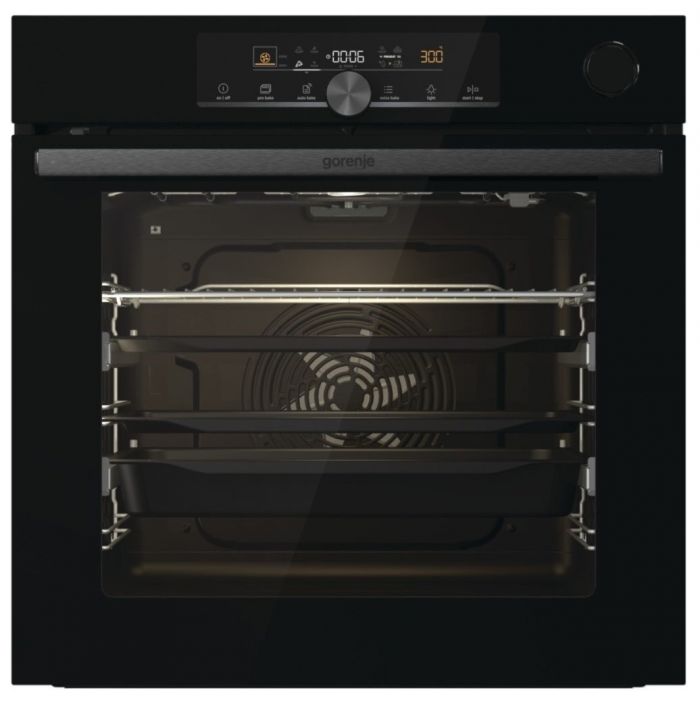 Духова шафа Gorenje електрична, 77л, A+, пара, дисплей, готування на різних рівнях, піроліз, чорний