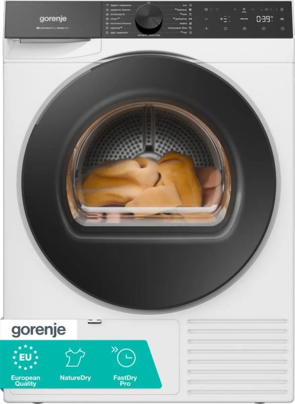 Сушильна машина Gorenje тепловий насос, 9кг, A++, 60см, дисплей, 15 програм, Wi-Fi, білий