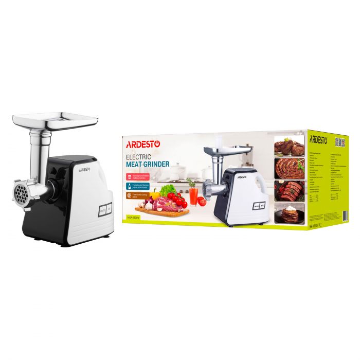 М'ясорубка Ardesto, 2300Вт, продук.-2.2кг/хв, 4 решітки + для ковб., кеббе, насадка для томатів, пластик, біло-черний