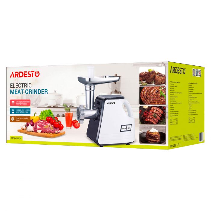 М'ясорубка Ardesto, 2300Вт, продук.-2.2кг/хв, 4 решітки + для ковб., кеббе, насадка для томатів, пластик, біло-черний